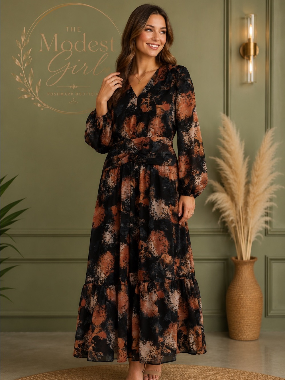 Chelsea28 Black and Brown Abstract Print Maxi Dress
